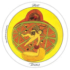 Circular artwork with a woman in a leopard print dress on a yellow background