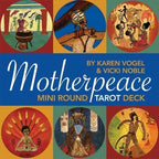 Cover of 'Motherpeace Mini Round Tarot Deck' by Karen Vogel & Vicki Noble with colorful illustrations and title text.