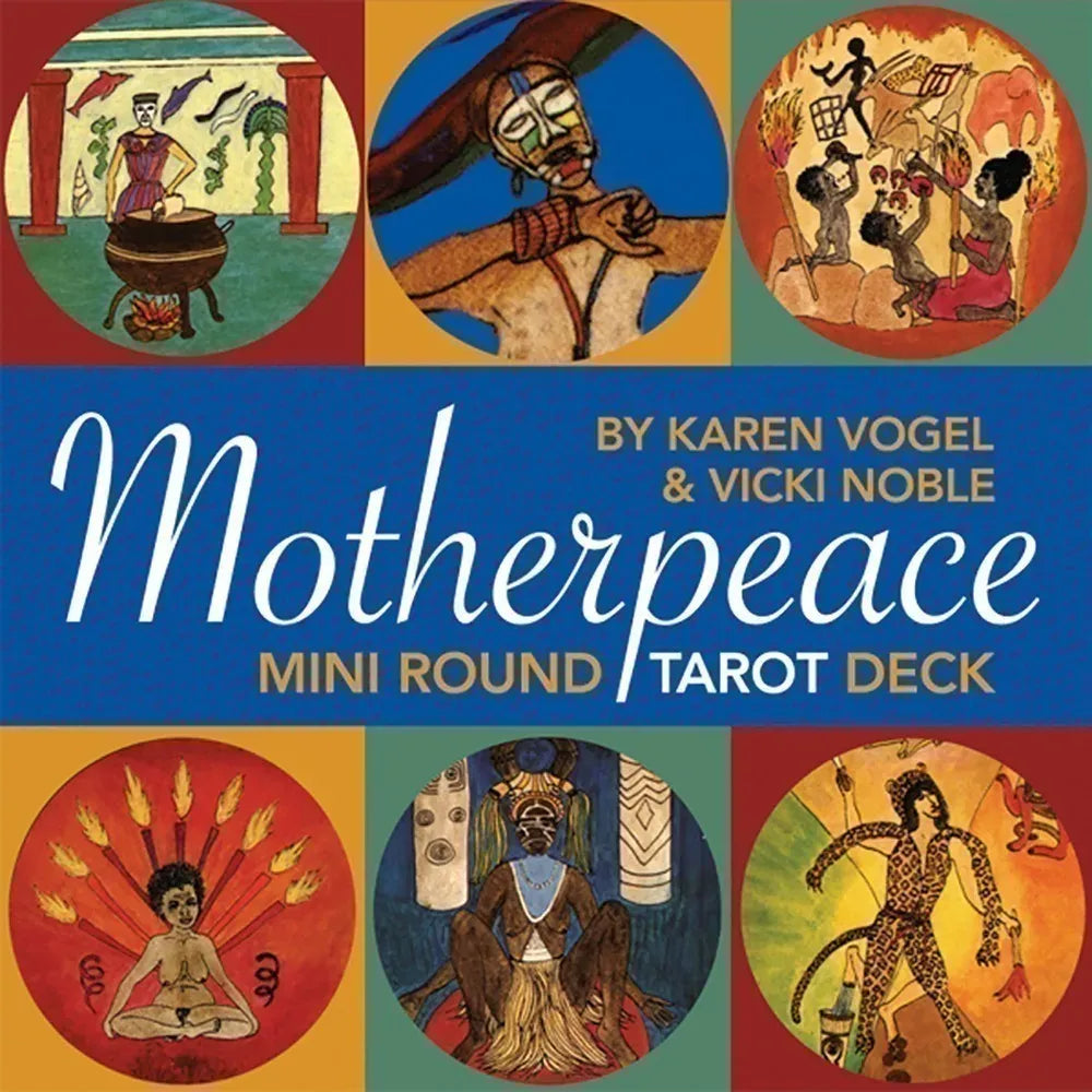 Cover of 'Motherpeace Mini Round Tarot Deck' by Karen Vogel & Vicki Noble with colorful illustrations and title text.