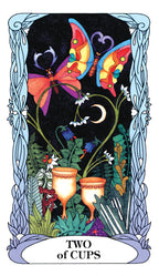 Two colorful butterflies above two cups with a decorative border and 'Two of Cups' text.