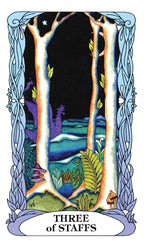 Three of Staves tarot card with stylized trees and nature elements.