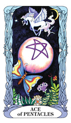 Ace of Pentacles tarot card with a pentacle symbol, butterfly, and floral elements on a dark background.