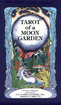 Cover of 'Tarot of a Moon Garden' with colorful design and text on a blue background