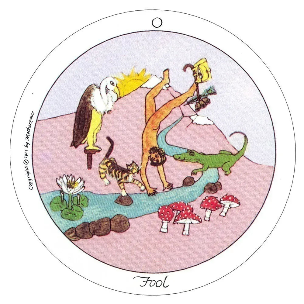 Circular illustration of a tarot card titled 'Fool' with various animals and nature elements.