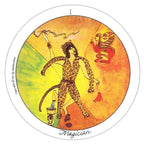Tarot card featuring a figure in a leopard print outfit with a colorful background, labeled 'Magician'.