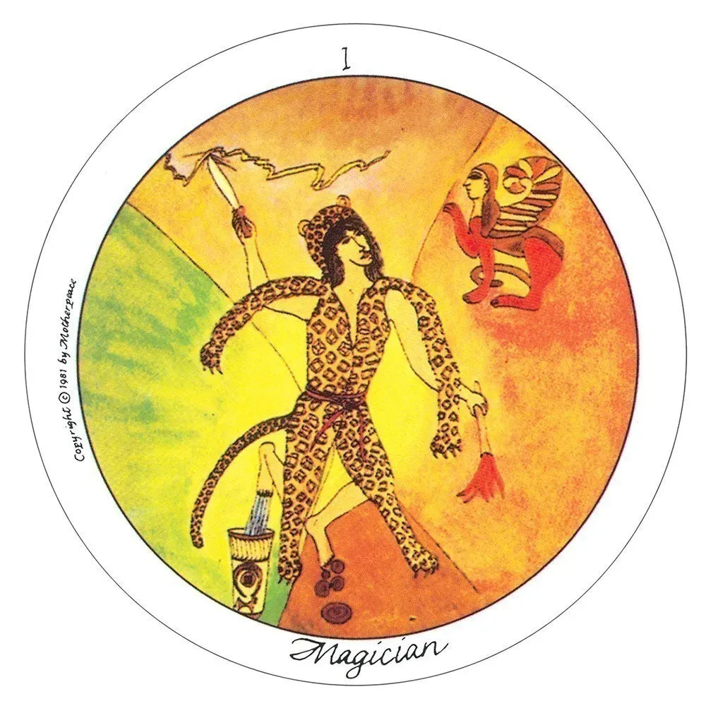Tarot card featuring a figure in a leopard print outfit with a colorful background, labeled 'Magician'.