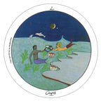 Circular artwork titled 'Cups' depicting a mermaid and a man in an underwater scene with a dolphin.