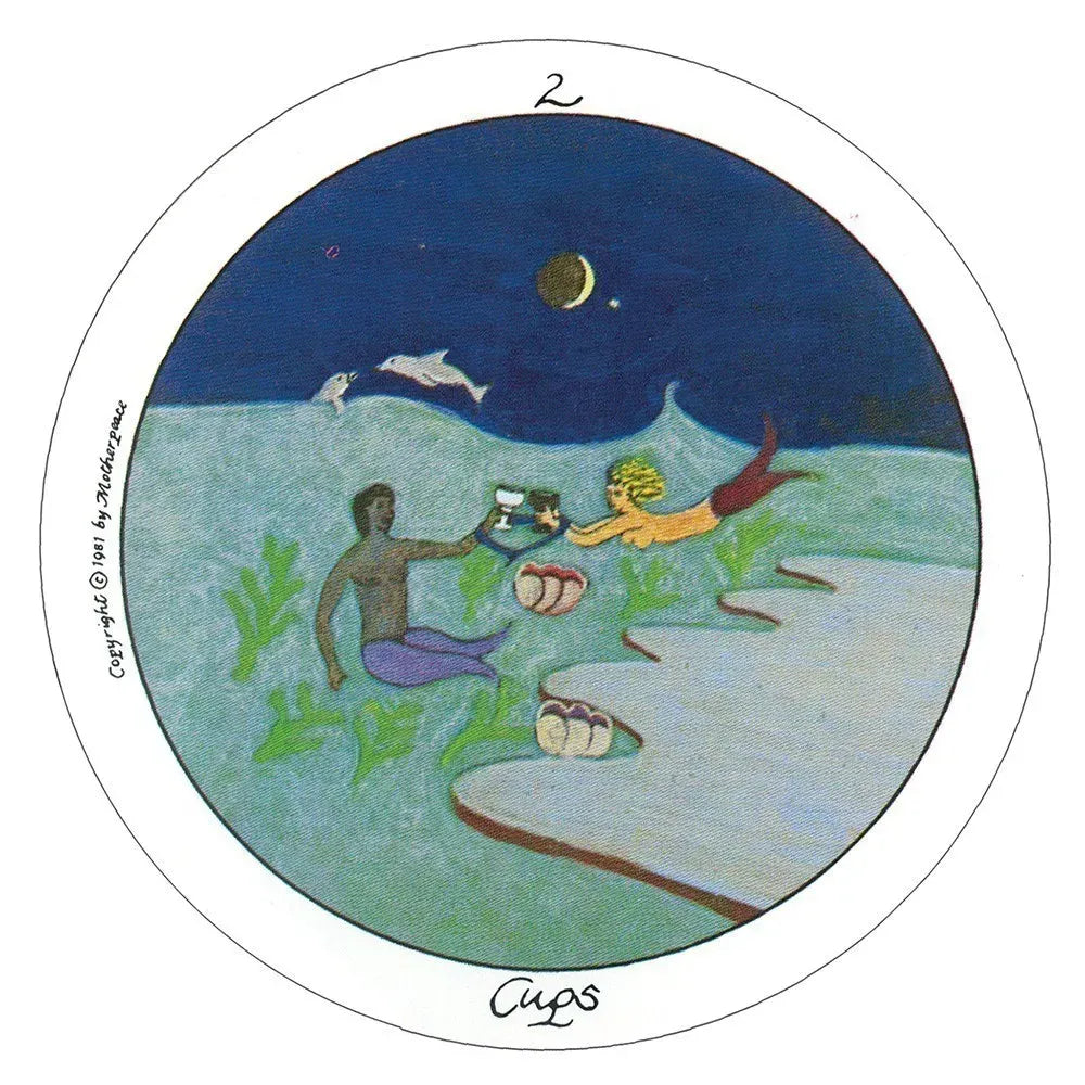 Circular artwork titled 'Cups' depicting a mermaid and a man in an underwater scene with a dolphin.