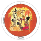 Circular card with illustrations of people and objects, labeled 'Wands', on a red background.