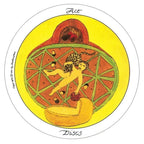 Circular artwork with a woman, leopard, and geometric design on a yellow background
