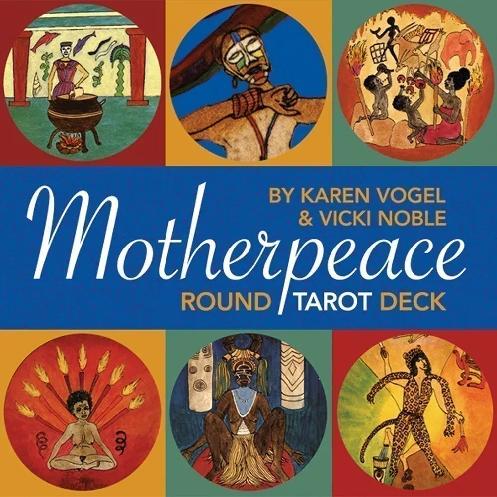 Cover of 'Motherpeace Round Tarot Deck' by Karen Vogel & Vicki Noble with colorful illustrations.