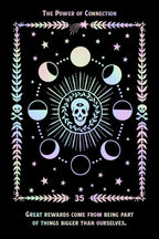 A tarot card design titled 'The Power of Connection' on a black background, featuring a central skull within a sunburst, moon phases around it, stars, decorative leaf borders, and the number 35. Text at the bottom reads, 'Great rewards come from being part of things bigger than ourselves.