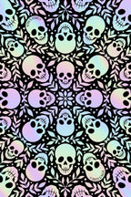 A seamless repeating pattern featuring pastel iridescent skulls and floral motifs on a black background.