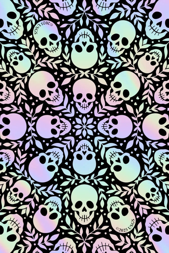 A seamless repeating pattern featuring pastel iridescent skulls and floral motifs on a black background.