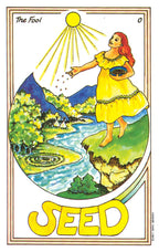 Tarot card titled 'Seed' featuring a woman in a yellow dress planting seeds with mountains and a river in the background.