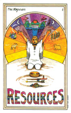 Tarot card titled 'The Magician' with colorful design and text 'Resources'.