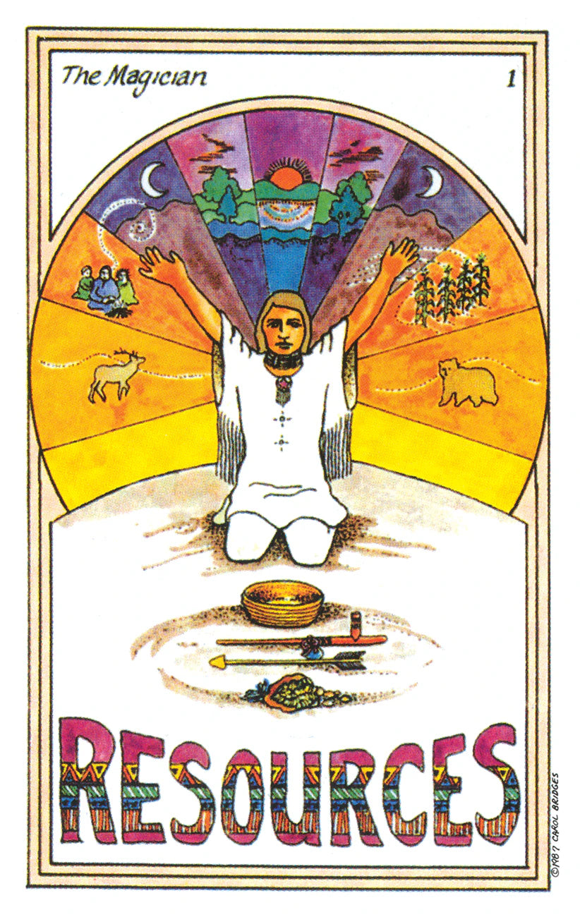 Tarot card titled 'The Magician' with colorful design and text 'Resources'.