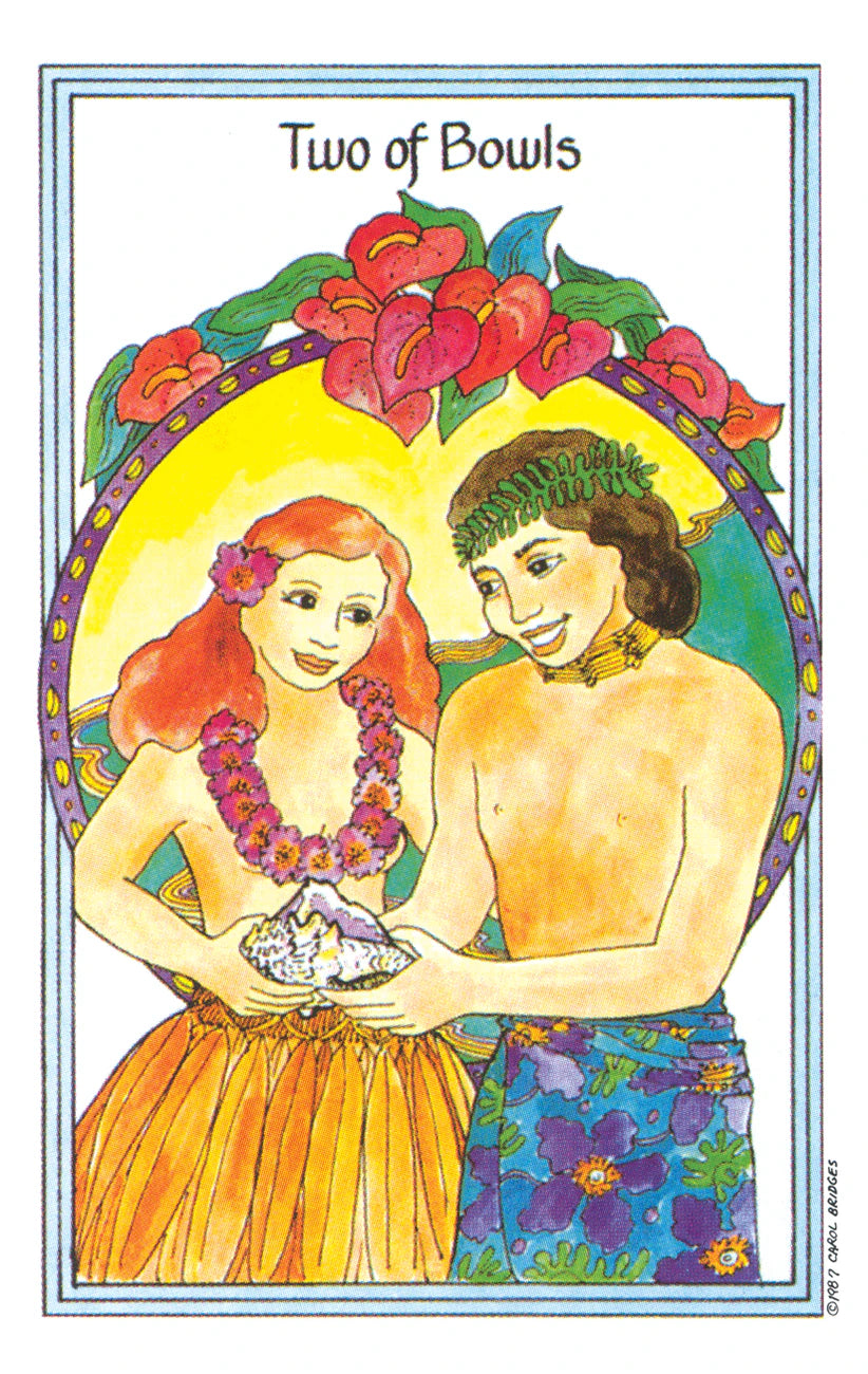 Card featuring two people holding bowls with flowers and a colorful border.