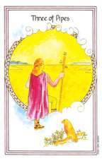 Tarot card titled 'Three of Pipes' with a person holding a staff and a seal on a yellow background.