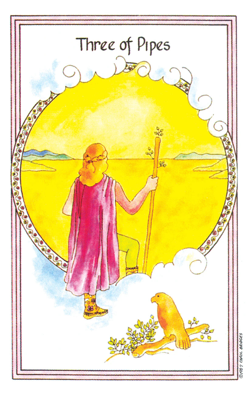 Tarot card titled 'Three of Pipes' with a person holding a staff and a seal on a yellow background.