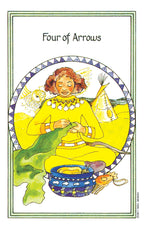 Card from a tarot deck featuring a figure in yellow with text 'Four of Arrows' at the top.