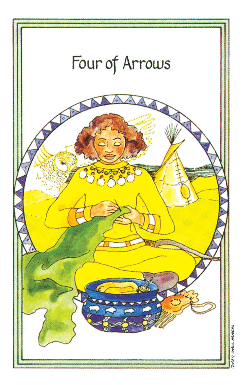 Card from a tarot deck featuring a figure in yellow with text 'Four of Arrows' at the top.