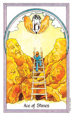 Card titled 'Ace of Stones' featuring a person on a ladder reaching towards a crystal ball, with faces in the background.