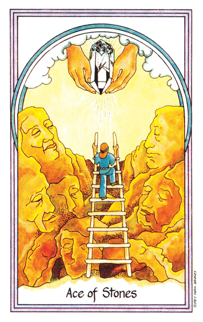 Card titled 'Ace of Stones' featuring a person on a ladder reaching towards a crystal ball, with faces in the background.