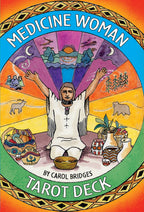 Cover of 'Medicine Woman Tarot Deck' by Carol Bridges with a colorful design featuring a central figure and nature symbols.