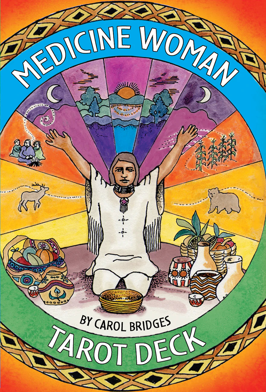 Cover of 'Medicine Woman Tarot Deck' by Carol Bridges with a colorful design featuring a central figure and nature symbols.