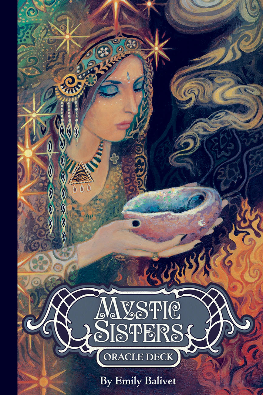 Cover of 'Mystic Sisters Oracle Deck' featuring a woman with mystical attire and a crystal ball.
