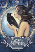 Cover of 'Mystic Sisters Oracle Deck' featuring a woman with a bird, with decorative elements.