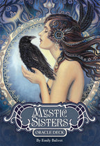 Cover of 'Mystic Sisters Oracle Deck' featuring a woman with a bird, with decorative elements.