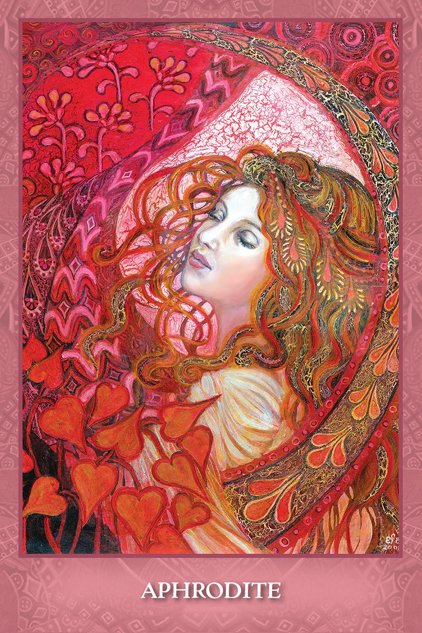 Artistic depiction of a woman with flowing hair and intricate patterns on a red background, labeled 'Aphrodite'.