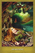 Artistic depiction of a woman lying in a forest with butterflies and flowers, titled 'Awakening'.