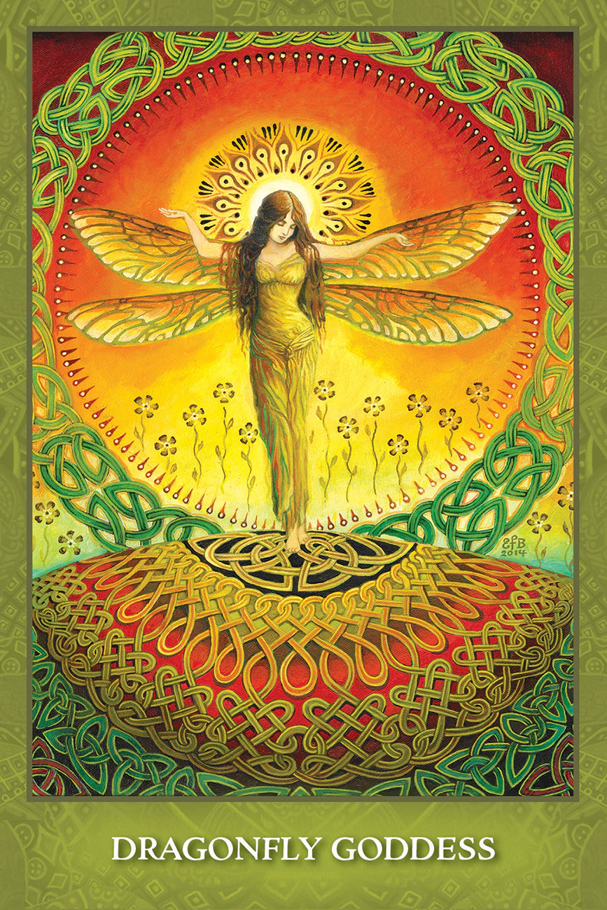 Artistic depiction of a dragonfly goddess with intricate designs and vibrant colors.