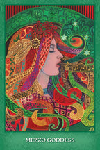 Colorful artwork of a woman with intricate patterns on a green background, titled 'Mezzo Goddess'.
