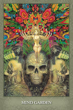 Colorful artwork with a central skull figure and decorative elements, titled 'Mind Garden'.