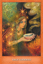 Artistic depiction of a woman holding a crystal ball with celestial elements, titled 'Sage Goddess'.