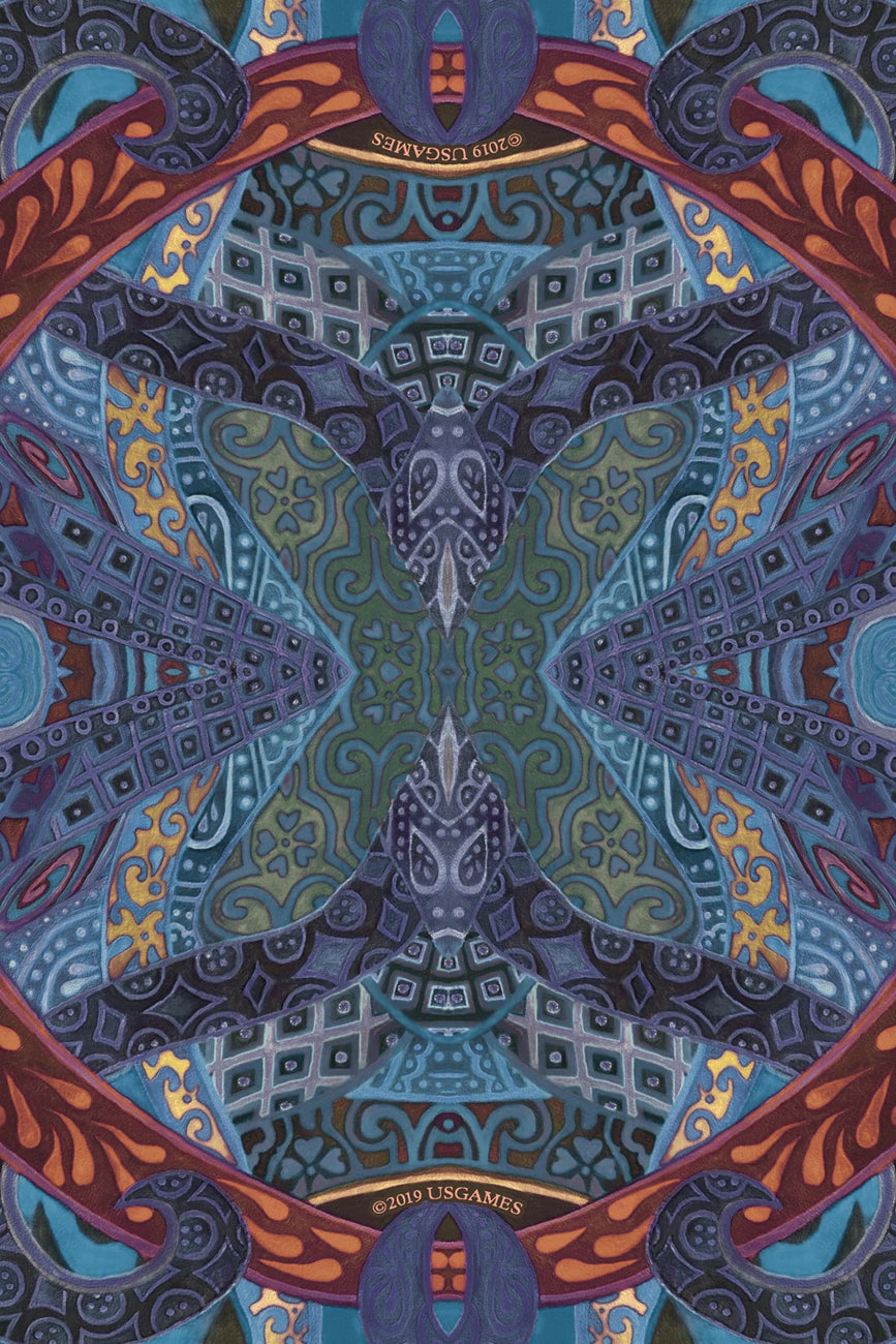 Colorful geometric pattern with intricate design on a blue background