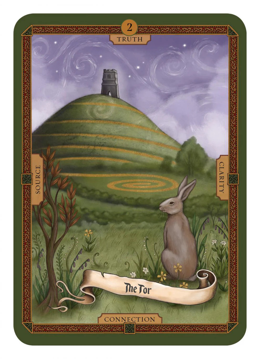 Tarot card with a rabbit, hill, and tower on a purple background