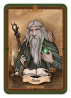 A tarot-style card titled 'Merlin' with the number 18 and the word 'MAGIC' at the top. The illustration shows an elderly wizard with long white hair and beard, wearing a dark green cloak, holding a staff and a glowing green orb, with an owl on his shoulder and an open book in front.