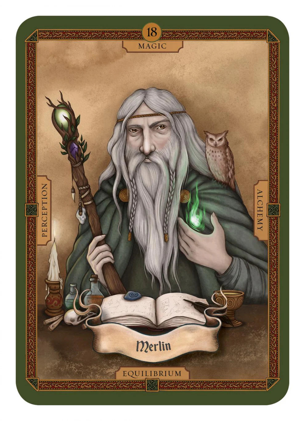 A tarot-style card titled 'Merlin' with the number 18 and the word 'MAGIC' at the top. The illustration shows an elderly wizard with long white hair and beard, wearing a dark green cloak, holding a staff and a glowing green orb, with an owl on his shoulder and an open book in front.