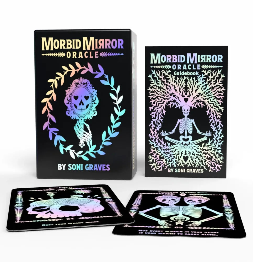 Morbid Mirror Oracle deck box, guidebook, and two cards displayed on a white background. The items feature black bases with holographic rainbow foil artwork of a skull and skeleton.