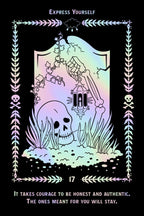 A tarot-style art print card titled 'Express Yourself' with a black background and an iridescent pastel border. The central illustration shows a skeleton hand holding a lantern above a skull and grass, with the text 'It takes courage to be honest and authentic, The ones meant for you will stay.