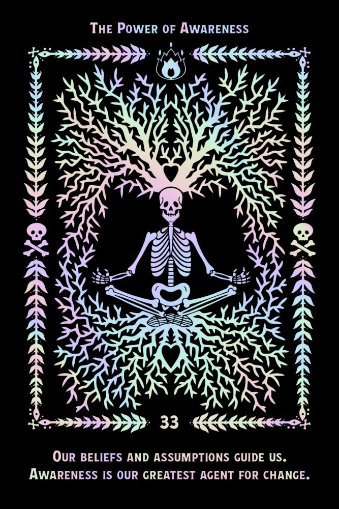 A square black card or print featuring a stylized tree of life made from a human skeleton in the center, surrounded by a decorative border and text reading 'The Power of Awareness' at the top and '33' near the bottom. Smaller text at the bottom reads, 'Our beliefs and assumptions guide us.
