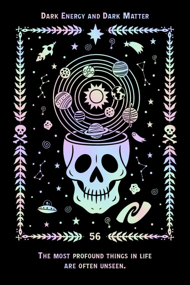 A black poster or art print featuring a stylized cosmic illustration with a skull-shaped container, planets, stars, constellations, and decorative border elements in pale pastel rainbow tones. Text at the top reads 'Dark Energy and Dark Matter' and text at the bottom reads 'The most profound things in life are often unseen.
