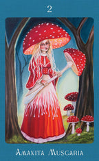 Card featuring a woman in a red dress with a large mushroom hat, surrounded by mushrooms, on a blue background.