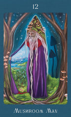 Card featuring a figure labeled 'Mushroom Man' standing between trees with a scenic background.