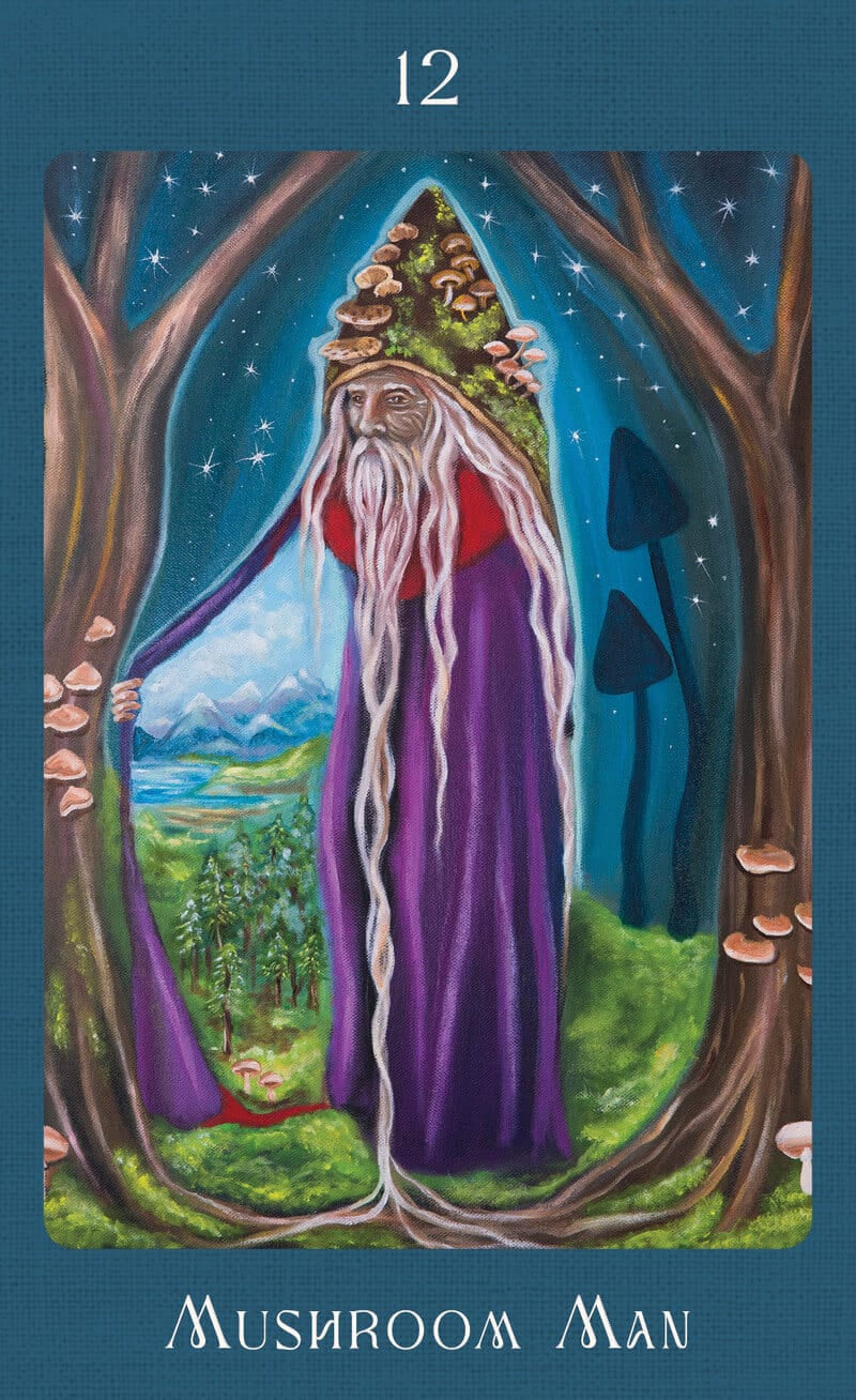 Card featuring a figure labeled 'Mushroom Man' standing between trees with a scenic background.
